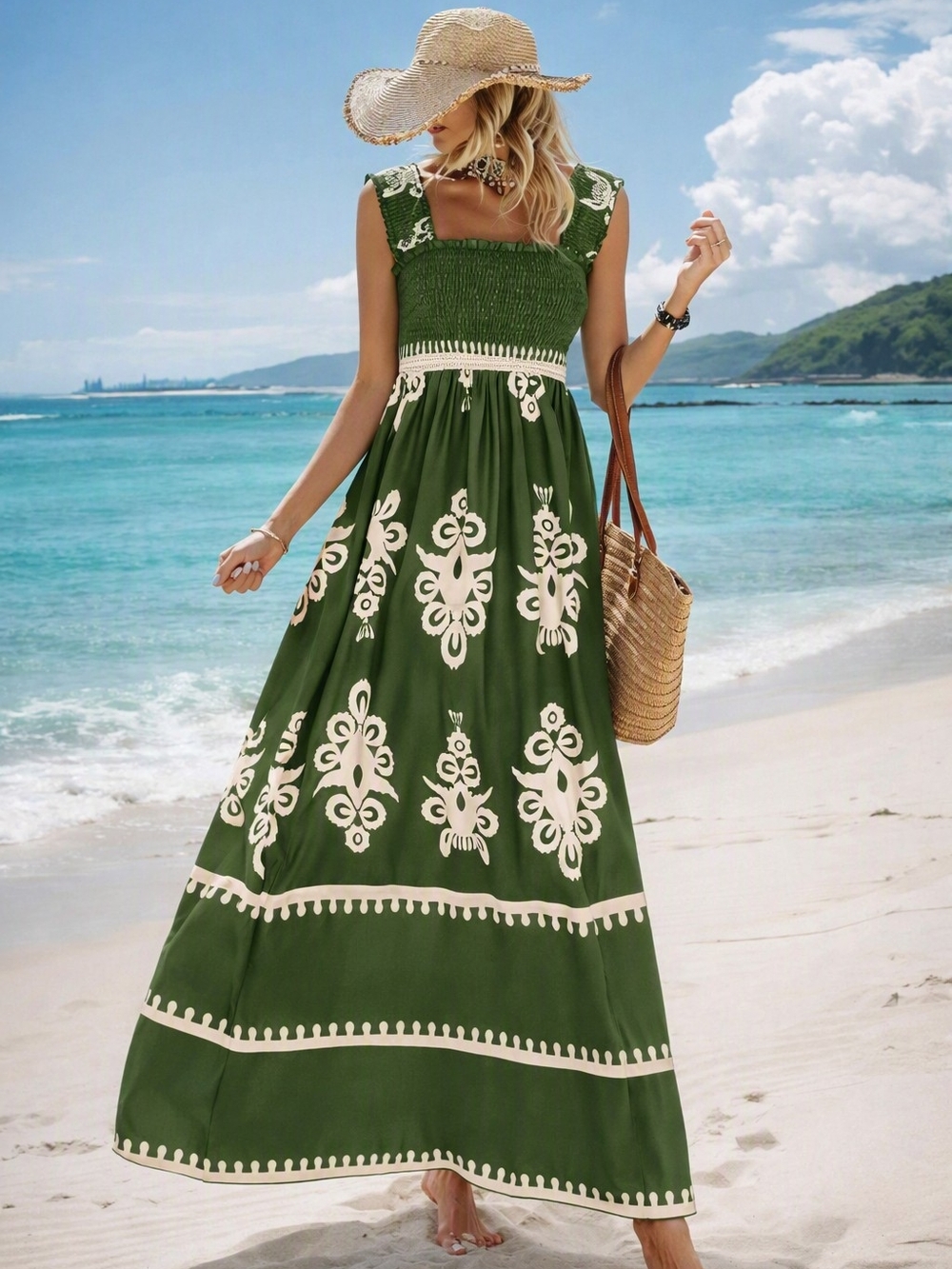 Penelope Rose Green Smocked Midi Dress With White Print. XL-